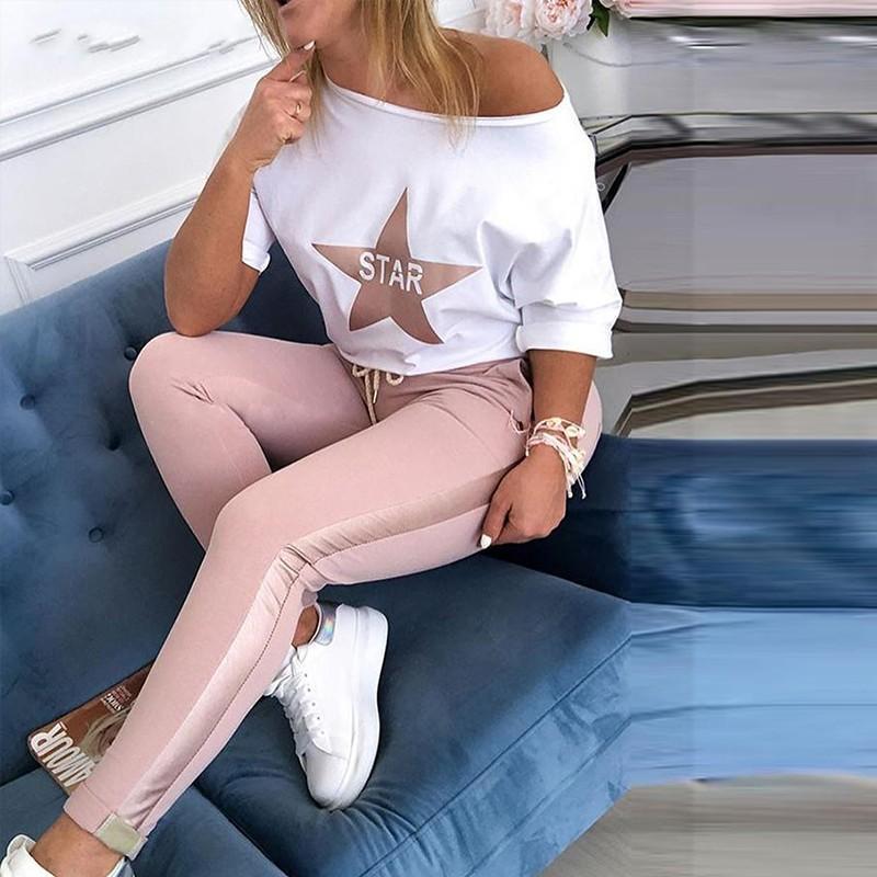 Women Star Top Drawstring Design Pants Two Piece Set