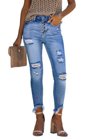 Fashion Blue High Rise Button Front Frayed Ankle Skinny Jeans