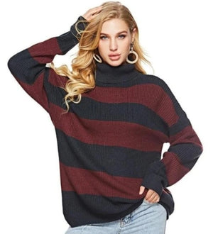 Loose Fit Turtle Neck Stripe Sweaters