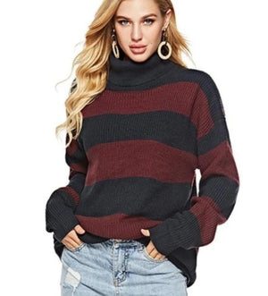 Loose Fit Turtle Neck Stripe Sweaters